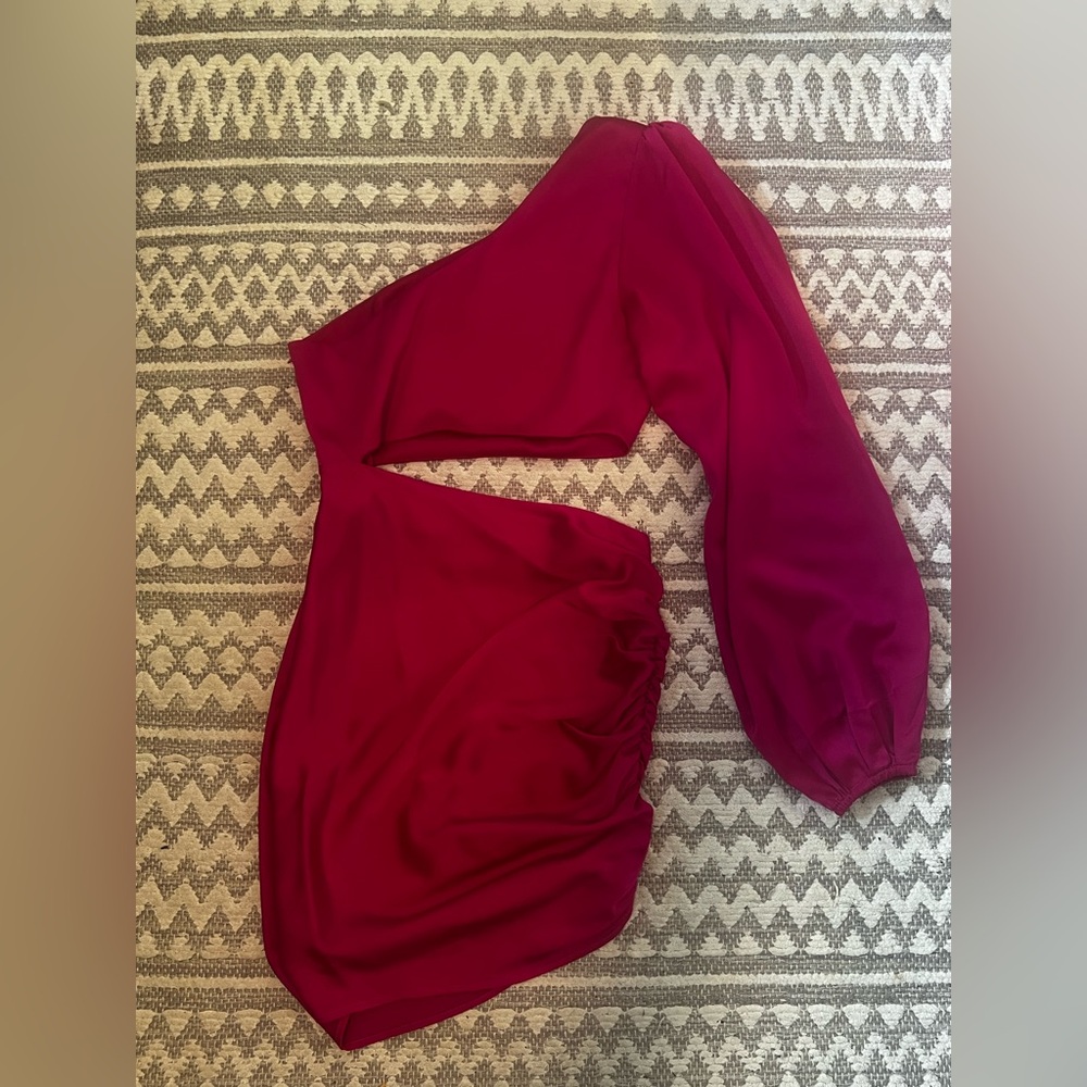 Showpo Rayanna One Shoulder Satin Long Sleeve Cut Out Mini Dress in Fuschia - Picture 2 of 10